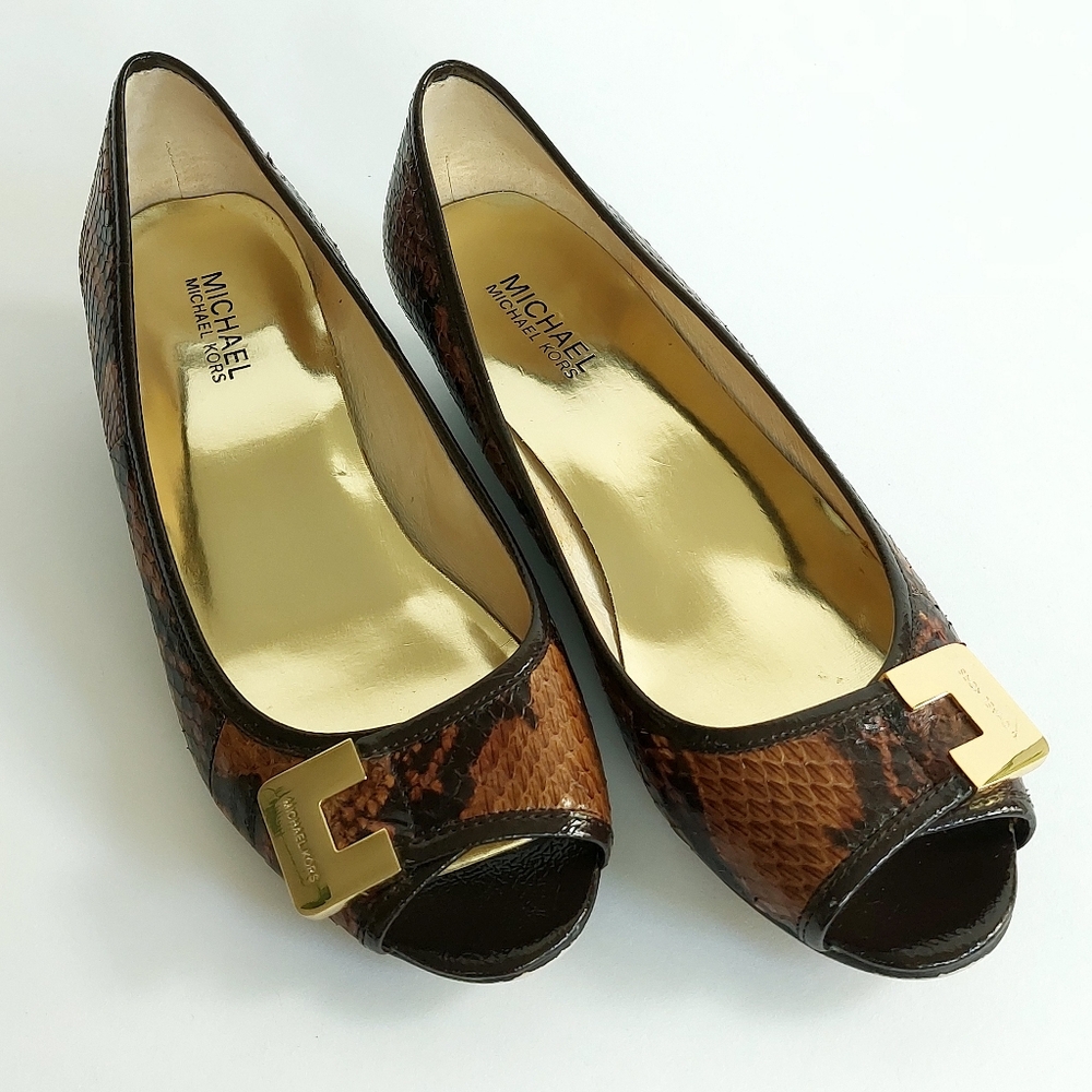 Michael Kors Genuine Snakeskin Peep-toe Wedges